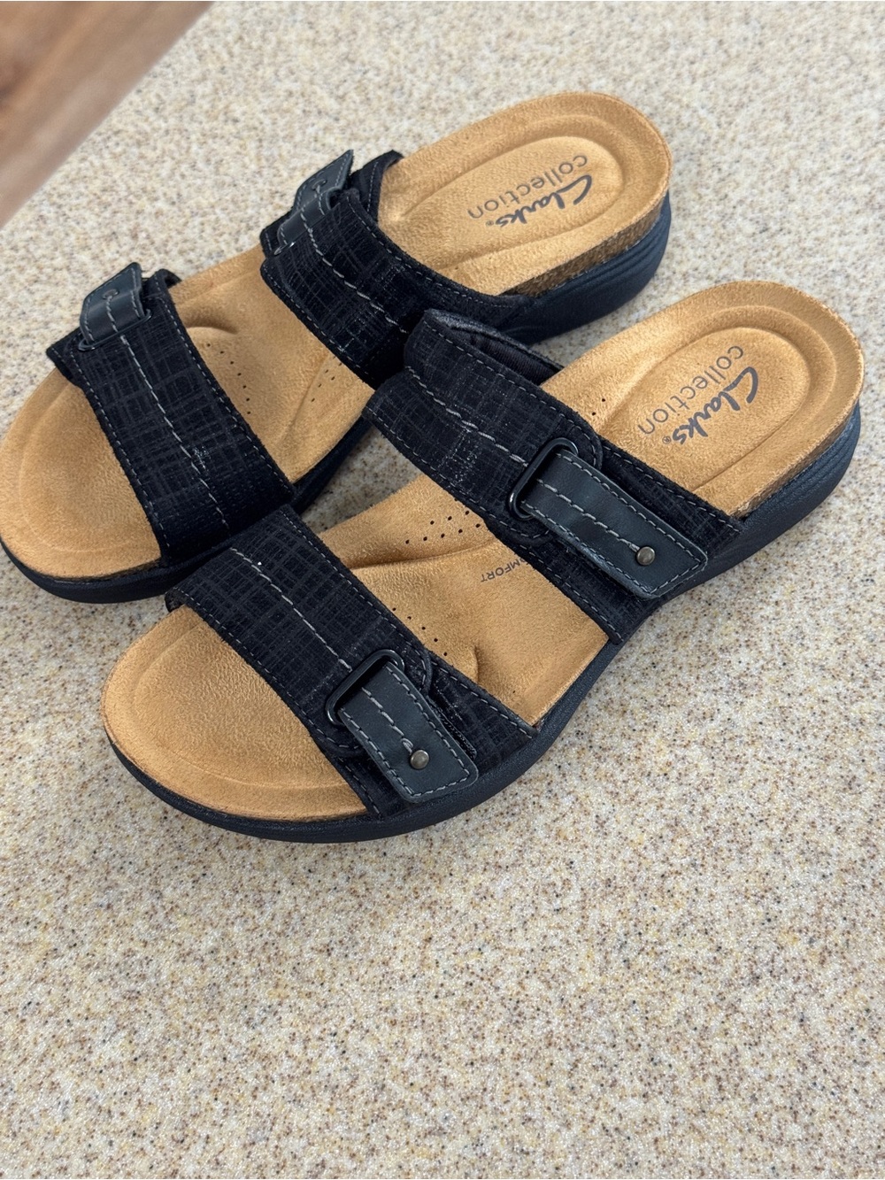 Clarks April Dust Black Interest Leather Slip On Sandal Slide Shoes 5